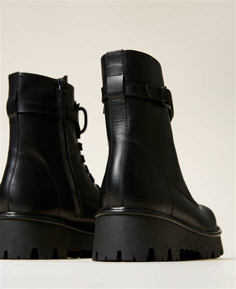 Leather Combat Boots With Logo Woman Black Twinset Milano