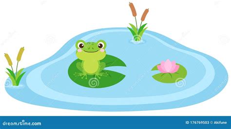 Frog In The Pond Vector Illustration Cute Frog Cartoon Character