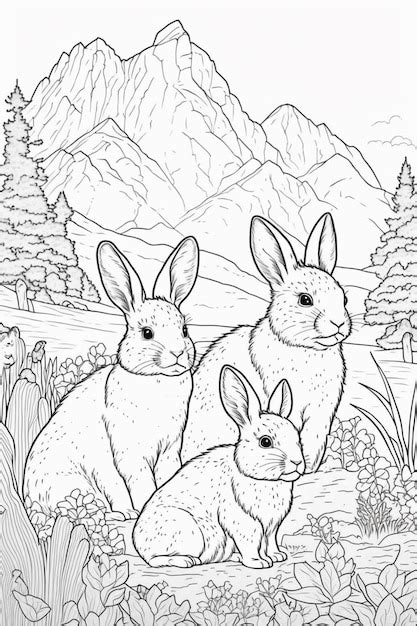 Une Illustration En Noir Et Blanc D Une Famille De Lapins Dans Un Champ