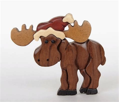 Moose Intarsia Wooden Ornament Magnet Christmas Santa Hat