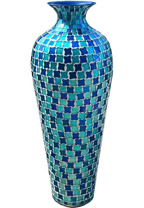 Base roots tall body flower vase, vases for decor, modern boho chic home decor, small accent piece for living room, indoor plant, shelf, mantle, table, office, desk, dorm (tall bottom, speckled pink). Metal Mosaic Floor Vase with Geometric Pattern In Blue ...
