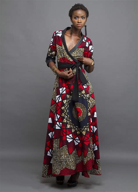 Black Evening Wrap Dress With Leather Trim And African Print African Print Dresses African Wear