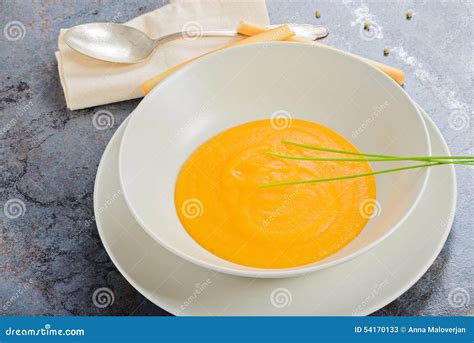 Pumpkin Creamy Soup With Spoon And Napkin Stock Image Image Of
