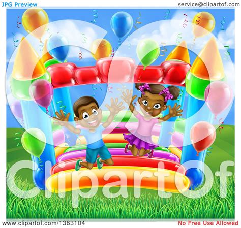 Clipart Of A Cartoon Happy Black Boy And Girl Jumping On A Bouncy House