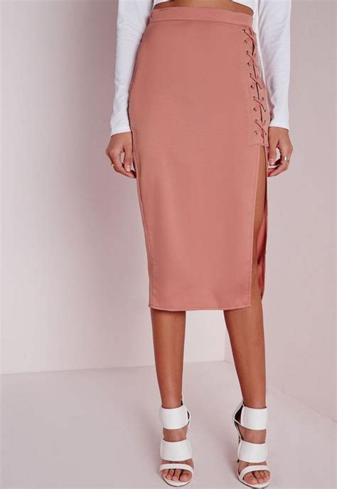 Lace Up Split Longline Midi Skirt Pink Missguided Australia