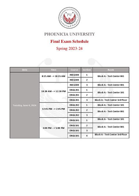 Final Exam Schedule - Spring 2023-24 - PHOENICIA UNIVERSITY Final Exam