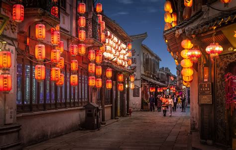 Wallpaper People Street China Home The Evening China Lanterns