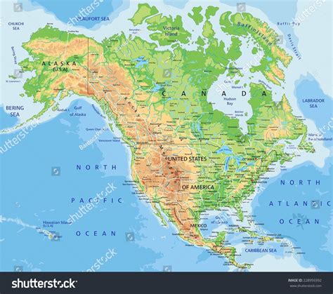 High Detailed North America Physical Map Stock Vector 228959392