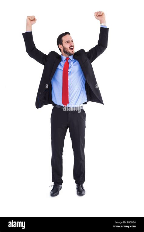 Happy Cheering Businessman Raising His Arms Stock Photo Alamy
