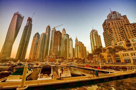 Beautiful Sunset Skyline Of Dubai Marina United Arab Emirates