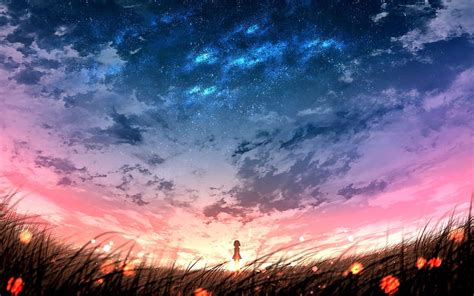 2880x1800 Anime Landscape Sunset Plants Field Sky Anime Sky Sunset