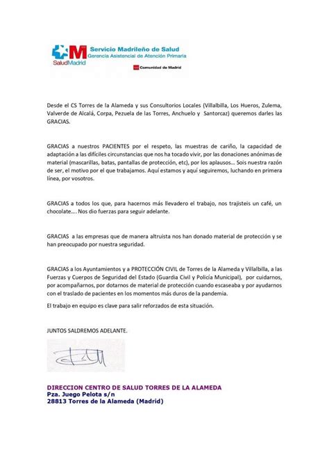 Carta De Agradecimiento Centro De Salud Ayuntamiento De Torres De La