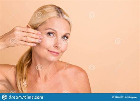 Closeup Photo Of Natural Beauty Aged Lady Nude Shoulders Touch Fingers Cheek Apply Anti Age