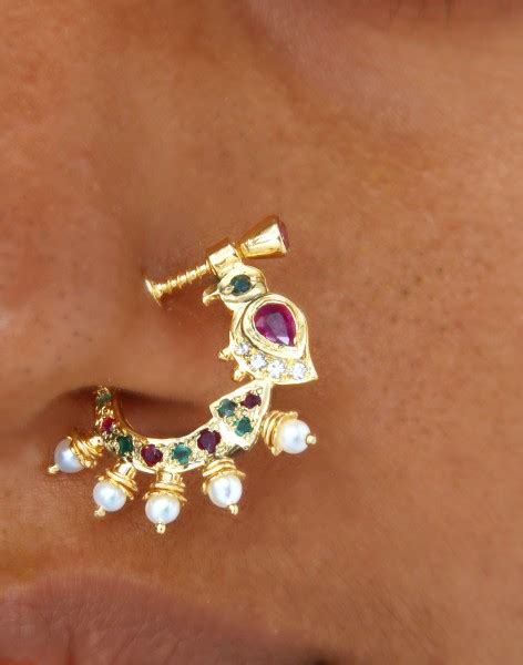 22k Gold Nath Nose Ring With Cz Ruby Emerald And Pearls 235 Gnp002 In 3200 Grams