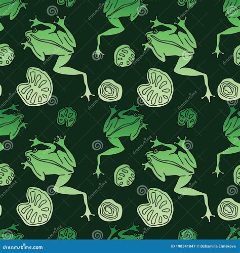 Seamless Pattern Of Drawn Green Frogs And Leaves Stock Vector