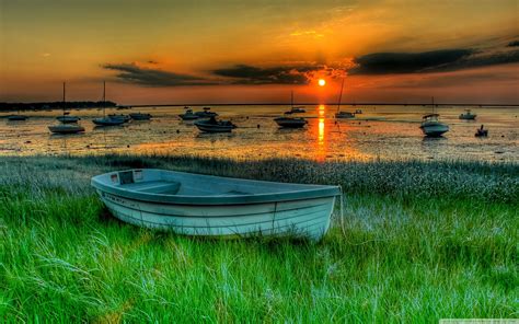 Sunset Lake Green Grass Boat Red Sky Sun Dark Clouds Wallpaper Hd