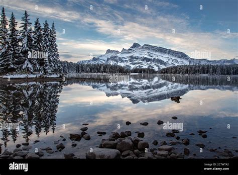Reflection Of Mt Rundle On Two Jack In Banff National Park Early In The