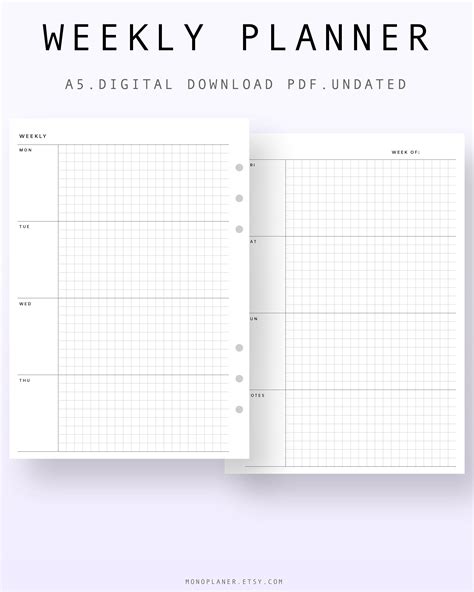 A5 Undated Weekly Planner Pdf Week On Two Pages Printable Etsy