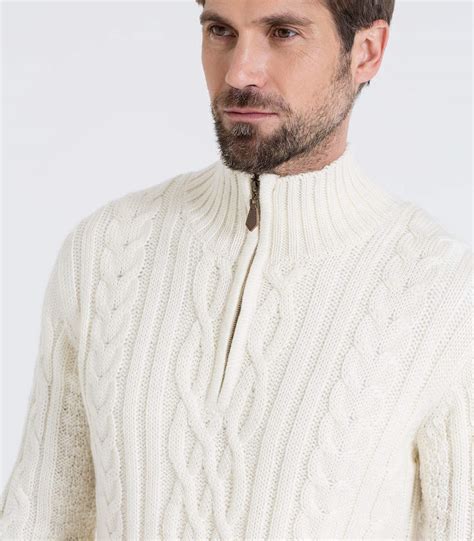Cream Mens Pure Wool Aran Cable Zip Neck Knitted Sweater Woolovers Uk