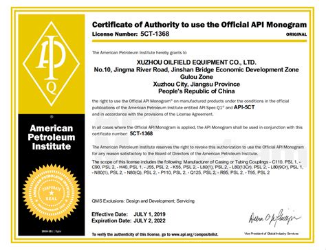 Certificate Of Authority To Use The Official Api Monogram License