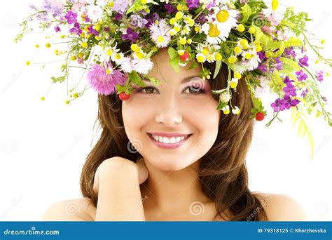 Young Beautiful Woman With Garland Of Field Fresh Natural Wild F Stock