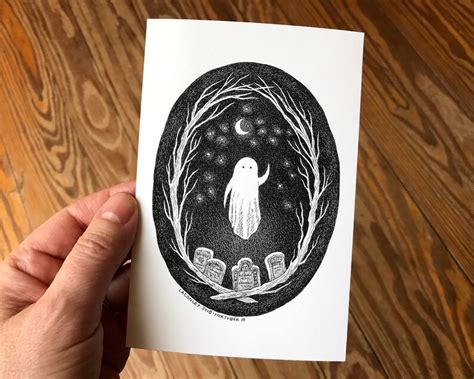 4x6 Spooky Art Print Pen And Ink Drawing Of Cute Ghost In Etsy