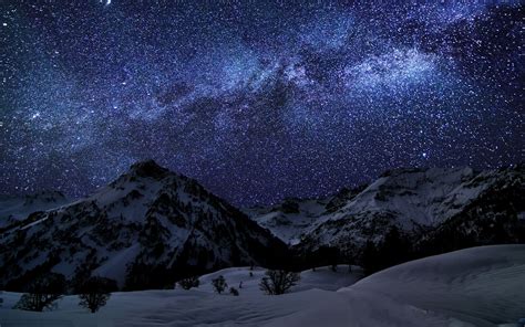 Nature Landscape Mountain Winter Starry Night Milky Way Snow