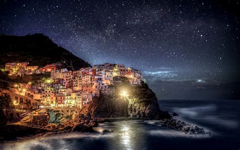 Wallpaper Italy Liguria Manarola Cinque Terre Night Lights House