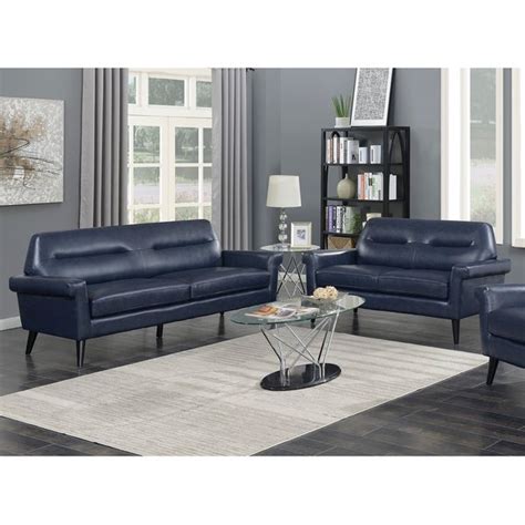 Camden 2 Piece Mid Century Blue Faux Leather Upholstered Living Room