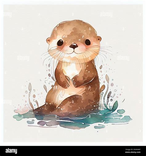 Cute Otter Watercolor Illustrationfluffy Little Baby Sea Otter Enhydra