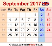 View the month calendar of september 2017 calendar including week numbers. Calendar September 2017 (UK) with Excel, Word and PDF ...