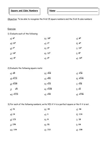 Squared And Cubed Numbers Worksheet