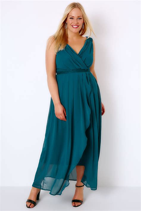 Teal Ruched Chiffon Maxi Wrap Dress With Lace Detail Plus Size 16 To 36