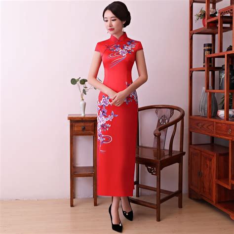 new red chinese traditional female slim cheongsam vintage print flower satin sexy dress novelty