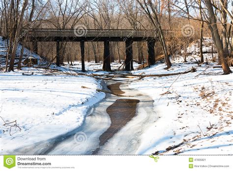 Bridge Over A Brook In Winter Forest Stock Image Image Of Woods Flow