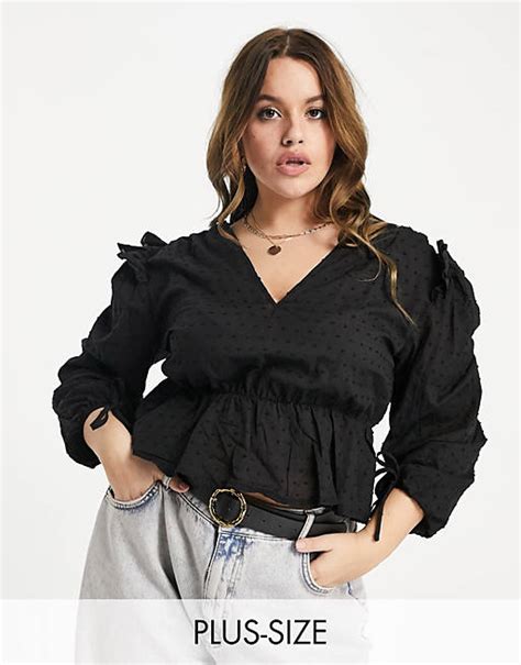 Missguided Plus Dobby Blouse With Tie Cuff Detail In Black Asos