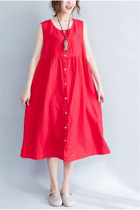 Summer Loose Sleeveless Button Down Cotton Dress Q1652 Summer Dresses Long Summer Dresses