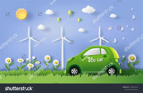 Paper Art Style Of Landscape With Eco Car Save The Planet And Energy