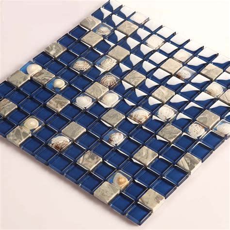 Dark Blue Glass Mosaic Glossy Tile Resin Shell Gray Stone Backsplash Square Mosaic Tile Mosaic