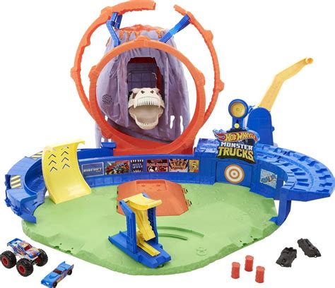 Buy Hot Wheels Monster Trucks T Rex Volcano Playset With Lights And Sounds Includes Scale