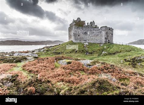 The ruins of Clan MacDonalds 13th century Castle Tioram on the shores of Loch Moidart in the 