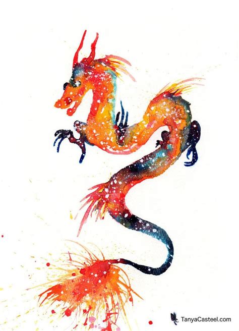 Cosmic Fire Dragon Art Print Watercolor 8x10 Arte De Dragón