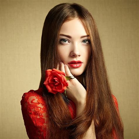 Brunette Women Model Red Lipstick Long Hair Straight Hair Rose