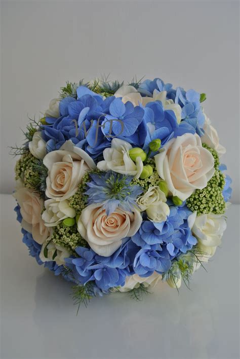 Brides Bouquet Blue Hydrangea Love In The Mist Freesia Vendela
