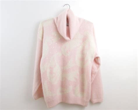Pink Angora Cowl Neck Sweater Vintage 1980s Embellished Etsy Canada