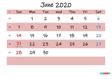 Printable June 2020 Calendar With Holidays Template K20m510