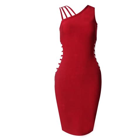 High Quality Bandage Dress Rayon Bodycon Women Sleeveless Hollow Out Sexy Red Knitting Elegant