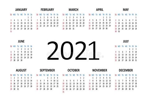 2021 Year Vector Calendar Week Starts On Sunday Template Stock