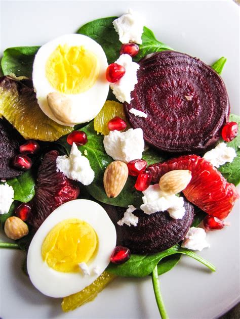 Roasted Beet And Spinach Salad With Goat Cheese Eggs Pomegranate