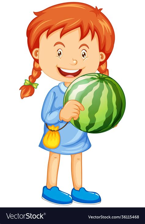 A Girl Holding Watermelon Fruit Cartoon Character Vector Image